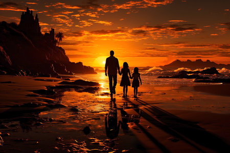 silhouette of family walking along the sea on the sunset.の素材