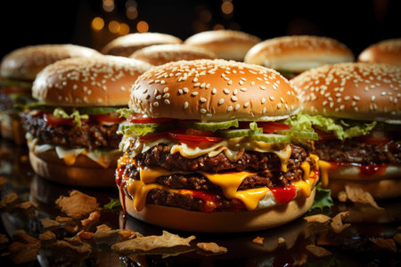 lots of tasty burgers with meat and vegetables.の素材