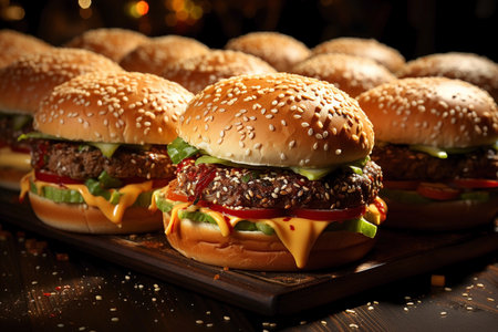 lots of tasty burgers with meat and vegetables.の素材