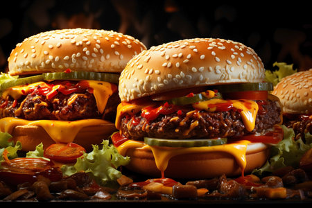 lots of tasty burgers with meat and vegetables.の素材