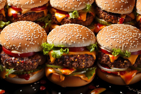 lots of tasty burgers with meat and vegetables.の素材