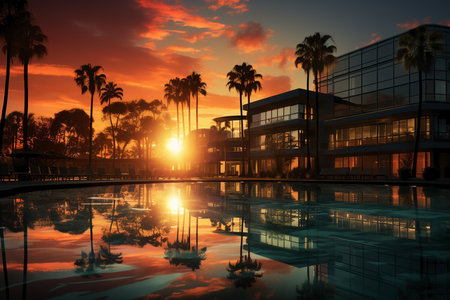 silhouettes of hotels on the sunset top viewの素材