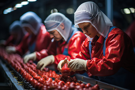 workers sorting fresh red strawberries on conveyer.の素材