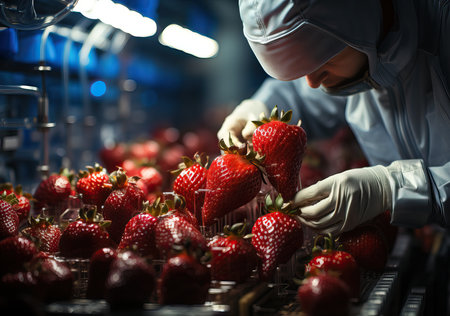 workers sorting fresh red strawberries on conveyer.の素材