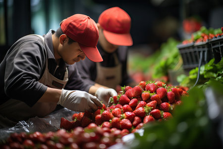 workers sorting fresh red strawberries on conveyer.の素材