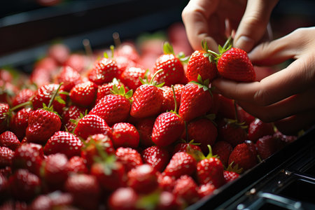 workers sorting fresh red strawberries on conveyer.の素材