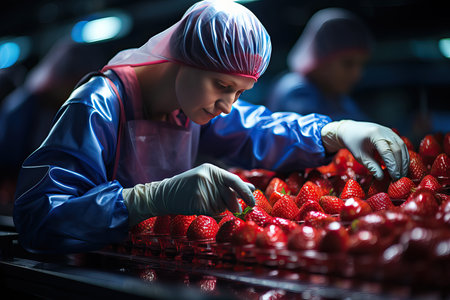 workers sorting fresh red strawberries on conveyer.の素材