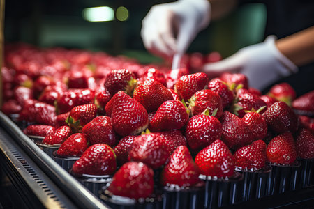 workers sorting fresh red strawberries on conveyer.の素材