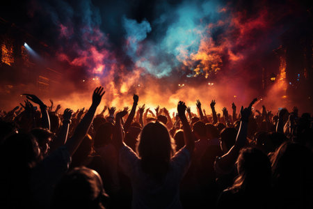Vibrant crowd, dancing under neon lights, radiates joy. nightlife and entertainment concept.の素材