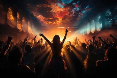 Vibrant crowd, dancing under neon lights, radiates joy. nightlife and entertainment concept.の素材