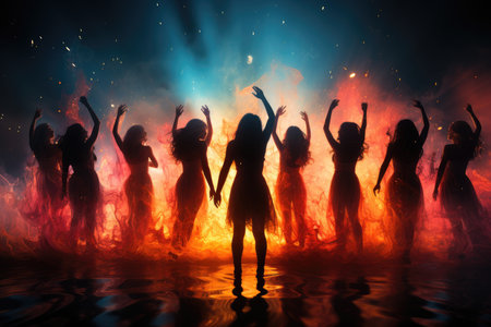 Vibrant crowd, dancing under neon lights, radiates joy. nightlife and entertainment concept.の素材