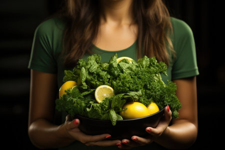 Healthy lifestyle: Woman in green with a veggie platter. nutritious eating.の素材