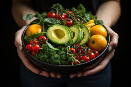 Healthy lifestyle: Woman in green with a veggie platter. nutritious eating.の素材