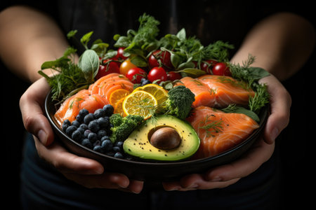 Healthy lifestyle: Woman in green with a veggie platter. nutritious eating.の素材