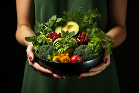 Healthy lifestyle: Woman in green with a veggie platter. nutritious eating.の素材
