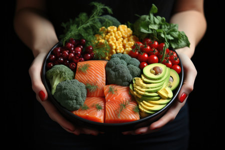 Healthy lifestyle: Woman in green with a veggie platter. nutritious eating.の素材