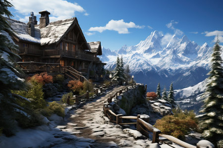 the atmosphere of a mountain resort mountain,getaways and outdoor activities.の素材