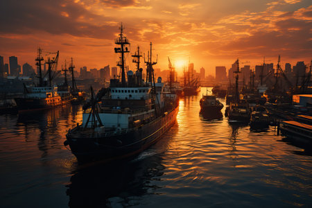 Industrial port activity: Heavy machinery and containers in a bustling seaport.ariel view on the sunsetの素材