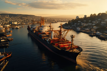 Industrial port activity: Heavy machinery and containers in a bustling seaport.ariel view on the sunsetの素材