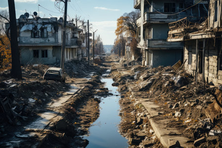 somber reality of bombed-out buildings in the context of the war in Ukraine, providing a sensitive portrayal of the impact of conflict on urban environments.の素材