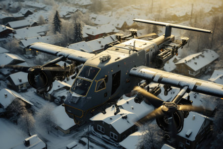 lots of military drones flying in the city.の素材