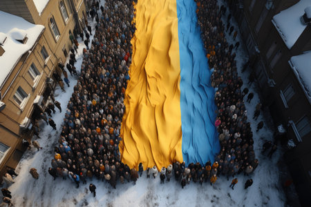 crowd of people holding flag of ukraine,patriotism.の素材