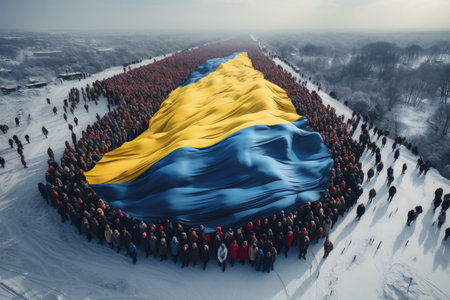 crowd of people holding flag of ukraine,patriotism.の素材
