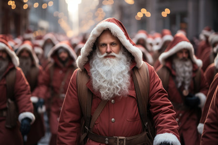 army of Santa clauses in Ukraine in winter.の素材