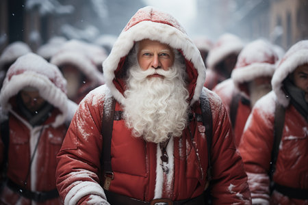 army of Santa clauses in Ukraine in winter.の素材