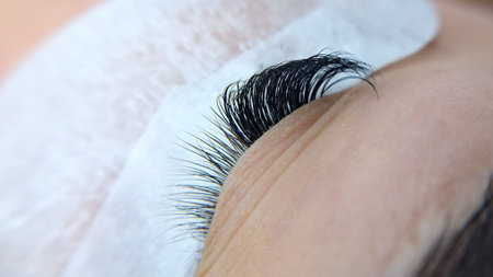 Close up of eye with eyelash extensions ,beauty salon treatment ,2d volume, 3d volume, classical lashes,Russian volume,megavolume, new set..の写真素材