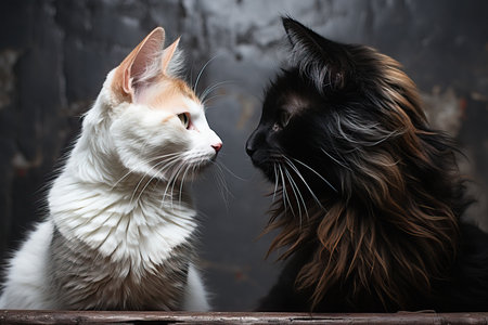 two black and white cats face to face.の素材