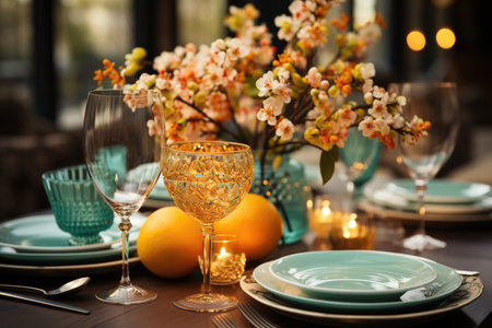 festive table dressing in spring colors,ready for event celebration.の素材