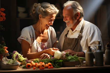 aged gray haired coule cooking together and smiling.