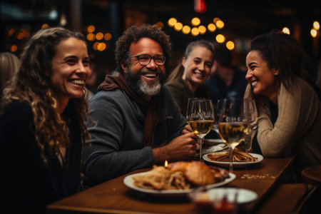 group of happy friends sitting near big table, drinking alcohol and celebrating Christmas.の素材