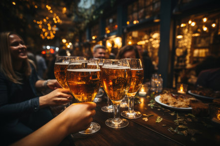 group of happy friends sitting near big table, drinking alcohol and celebrating Christmas.の素材