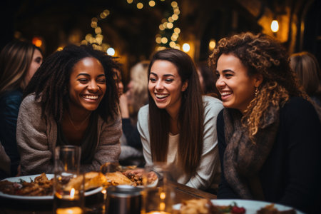group of happy friends sitting near big table, drinking alcohol and celebrating Christmas.の素材