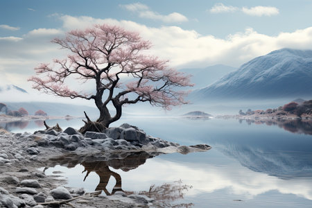 overall composition conveys a serene ambiance, capturing the beauty of stillness and the power of simplicity in the travel experienceの素材