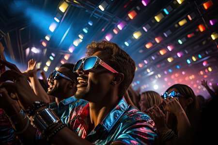 vibrant scene of a retro dance party in the 80s. Picture a lively crowd of people, dressed in iconic 80s fashion, surrounded by neon lights and disco balls.の素材