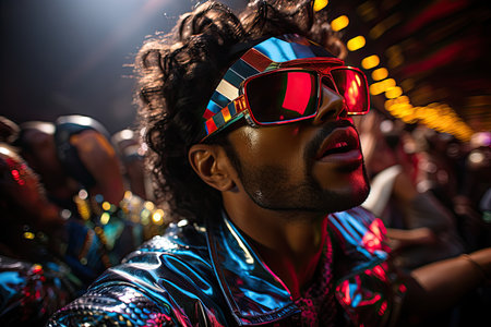 vibrant scene of a retro dance party in the 80s. Picture a lively crowd of people, dressed in iconic 80s fashion, surrounded by neon lights and disco balls.の素材