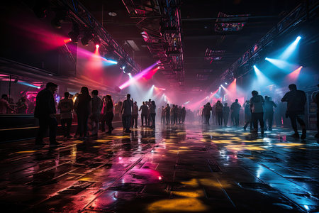 vibrant scene of a retro dance party in the 80s. Picture a lively crowd of people, dressed in iconic 80s fashion, surrounded by neon lights and disco balls.の素材