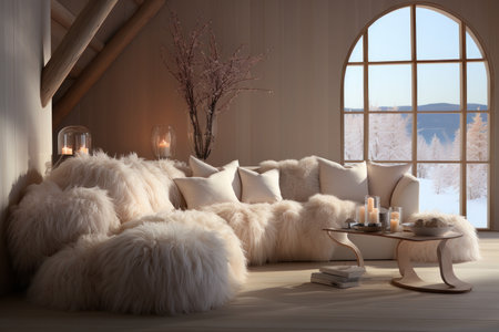 living space in a cocoon of elegance with this captivating home decor featuring the exquisite usage of white fur.の素材