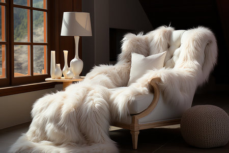 living space in a cocoon of elegance with this captivating home decor featuring the exquisite usage of white fur.の素材
