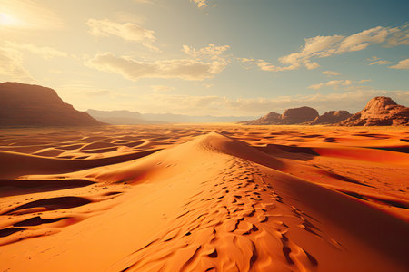 sandy desert landscape. Picture undulating dunes stretching endlessly beneath the boundless sky, illuminated by the warm hues of the setting sun.の素材