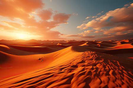 sandy desert landscape. Picture undulating dunes stretching endlessly beneath the boundless sky, illuminated by the warm hues of the setting sun.の素材