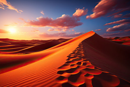 sandy desert landscape. Picture undulating dunes stretching endlessly beneath the boundless sky, illuminated by the warm hues of the setting sun.の素材