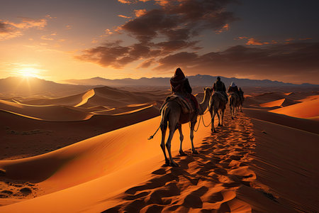 sandy desert landscape. Picture undulating dunes stretching endlessly beneath the boundless sky, illuminated by the warm hues of the setting sun.の素材
