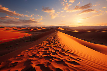 sandy desert landscape. Picture undulating dunes stretching endlessly beneath the boundless sky, illuminated by the warm hues of the setting sun.の素材