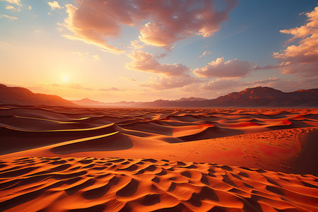 sandy desert landscape. Picture undulating dunes stretching endlessly beneath the boundless sky, illuminated by the warm hues of the setting sun.の素材