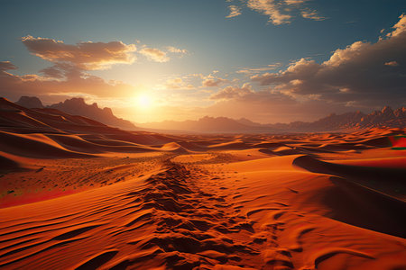 sandy desert landscape. Picture undulating dunes stretching endlessly beneath the boundless sky, illuminated by the warm hues of the setting sun.の素材