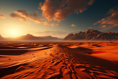 sandy desert landscape. Picture undulating dunes stretching endlessly beneath the boundless sky, illuminated by the warm hues of the setting sun.の素材